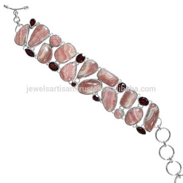 Beautiful Combination of Rhodochrosite & Garnet Gemstone with 925 Sterling Silver Bracelet